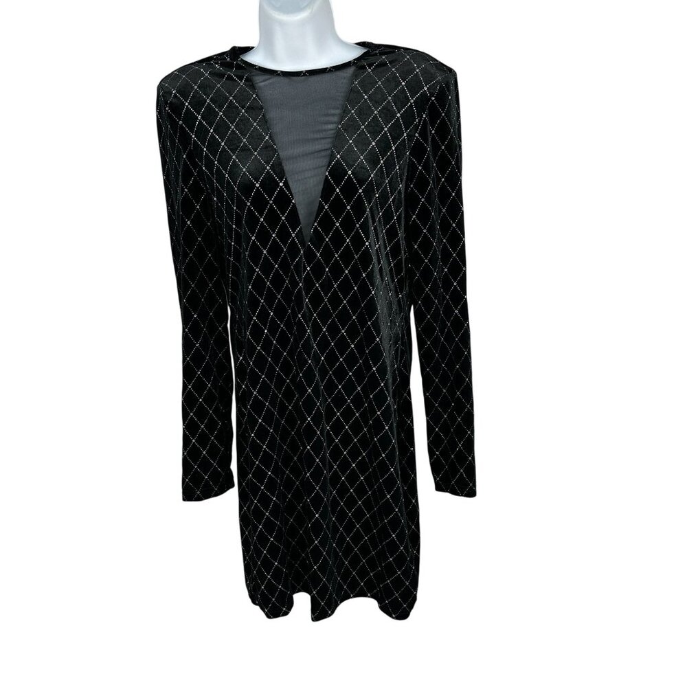 Shein Womens Black Velvet Rhinestone Long Sleeve V-Neck Dress Size XL